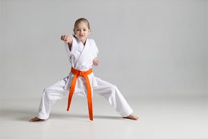 a young orange belt martial arts student displaying a disciplined pose