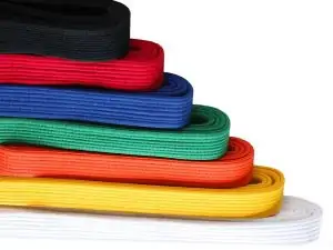 the hierarchy of colored martial arts belts laid on top of each other in descending order